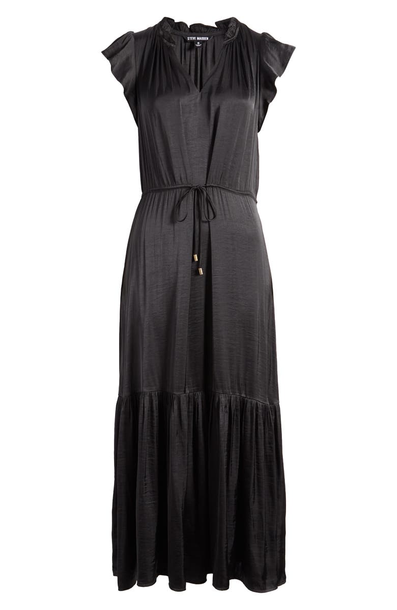 Steve Madden Osiris Tiered Split Neck Cap Sleeve Tie Waist Maxi Dress, Alternate, color, Black