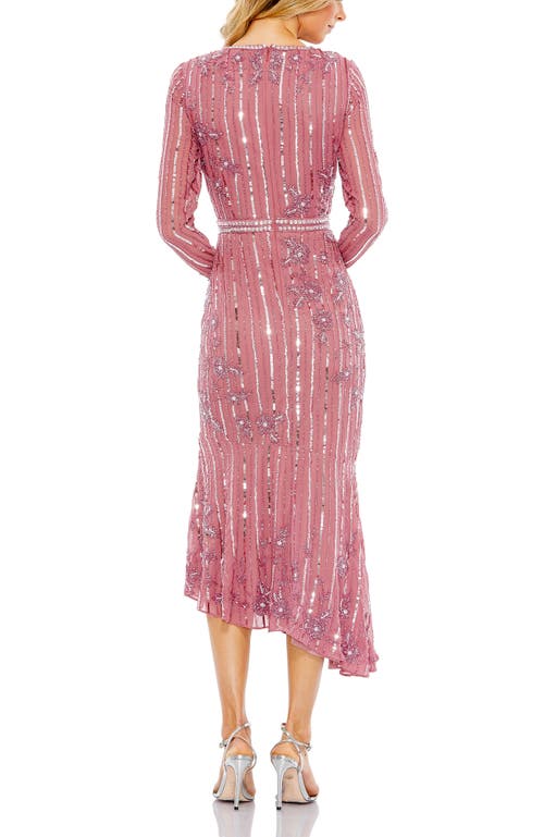 Mac Duggal Hand Embellished Asymmetrical Long Sleeve Midi Dress In Rosewood