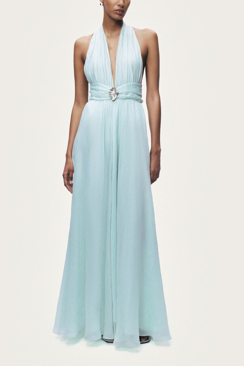 Pleated Halterneck Maxi Dress with Brooch Detail, Alternate, color, Mint Green