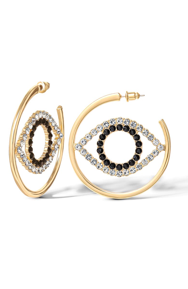 Jessica Simpson Black and White Crystal Eye Hoop Earrings for Women, Gold-Tone Statement Earrings, Main, color, Gold Tone