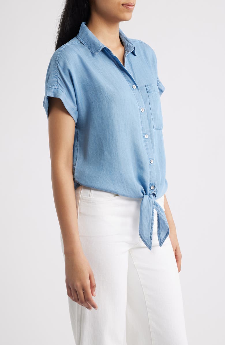 beachlunchlounge Romi Tie Front Denim Shirt, Alternate, color, Light Wash