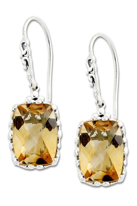 Sterling Silver Cushion Citrine Drop Earrings