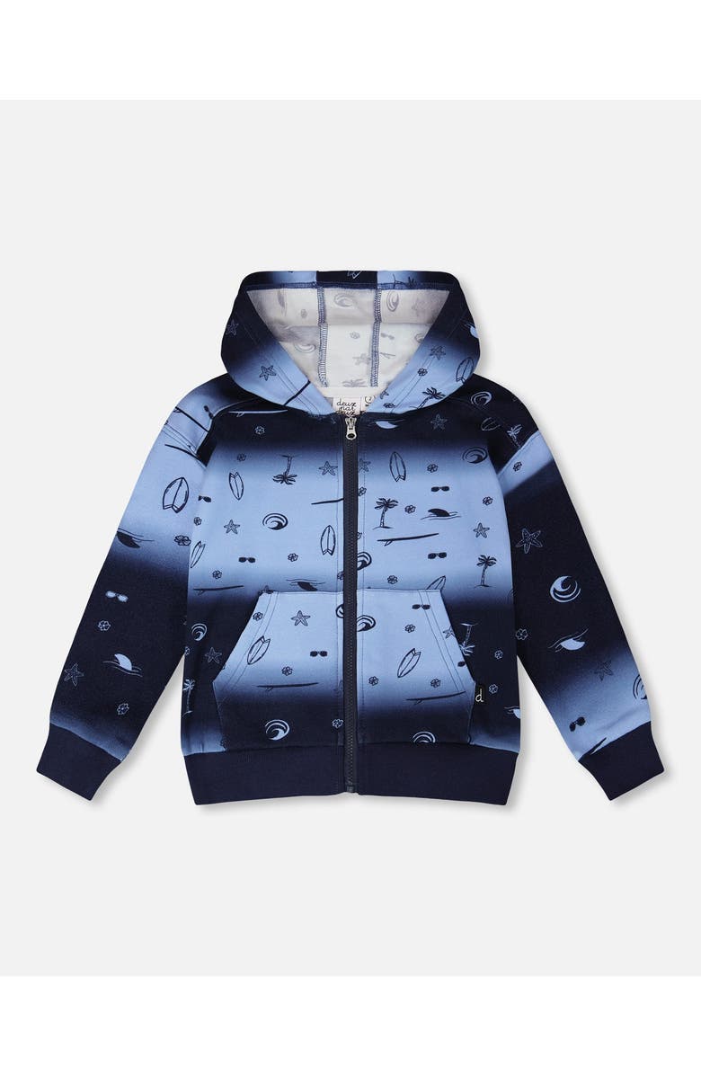 Deux par Deux Long Sleeve Front Pouch Pocket Hooded French Terry Cardigan, Main, color, Blue Gradient