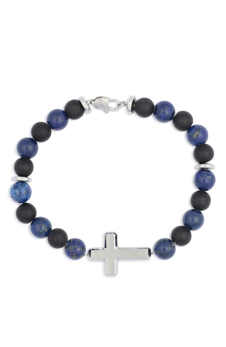 AMERICAN EXCHANGE Men's Stainless Steel Stone Beaded Cross Bracelet, Alternate, color, Silver/ Blue/ Black