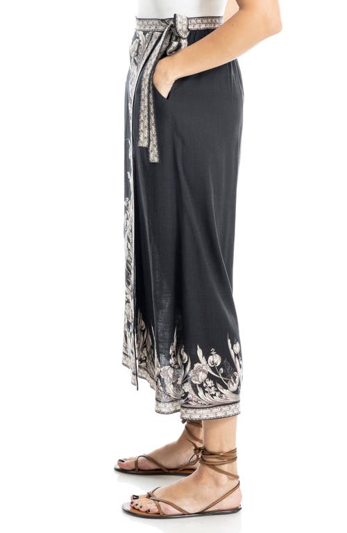 Max Studio Floral Border Faux Wrap Skirt In Black Penny Feather Leaves