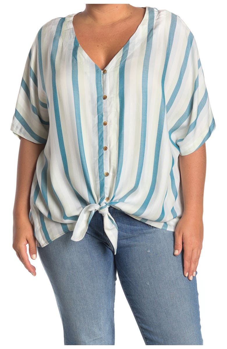 COMO VINTAGE Stripe Print Tie Front Button Down Shirt, Main, color, 