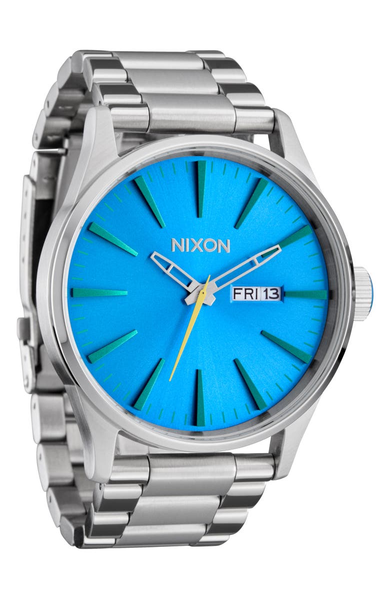 Nixon Sentry Bracelet Watch, 42mm, Main, color, Silver / Byron Blue Ombre