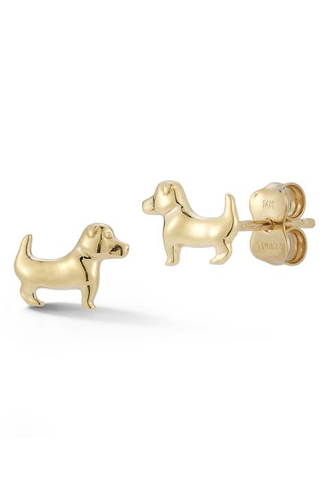 14K Gold Dog Stud Earrings