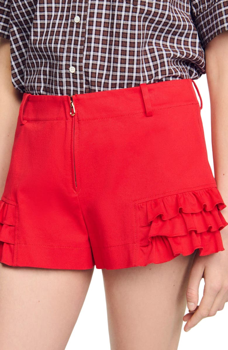 SANDRO Flared ruffled shorts, Alternate, color, Red