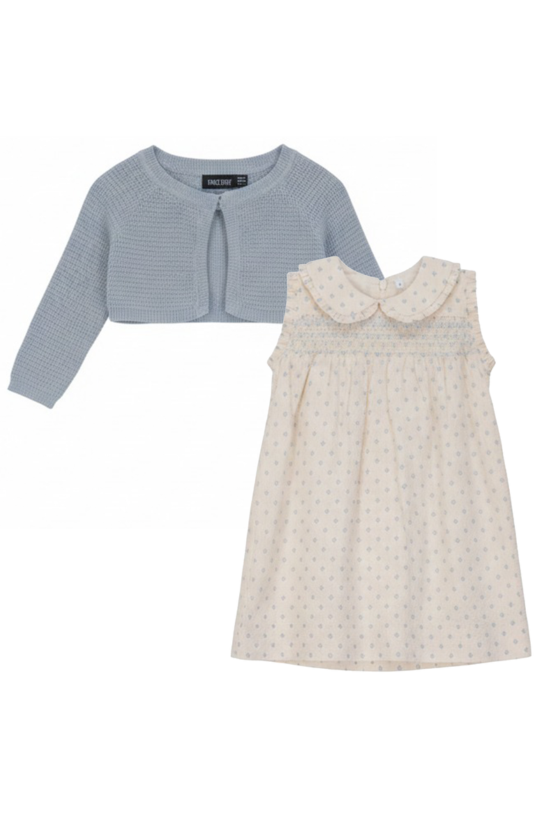 Printed Gauze Ruffle Shoulder Dress with Knit Cardigan Set, Main, color, Cream/Blue