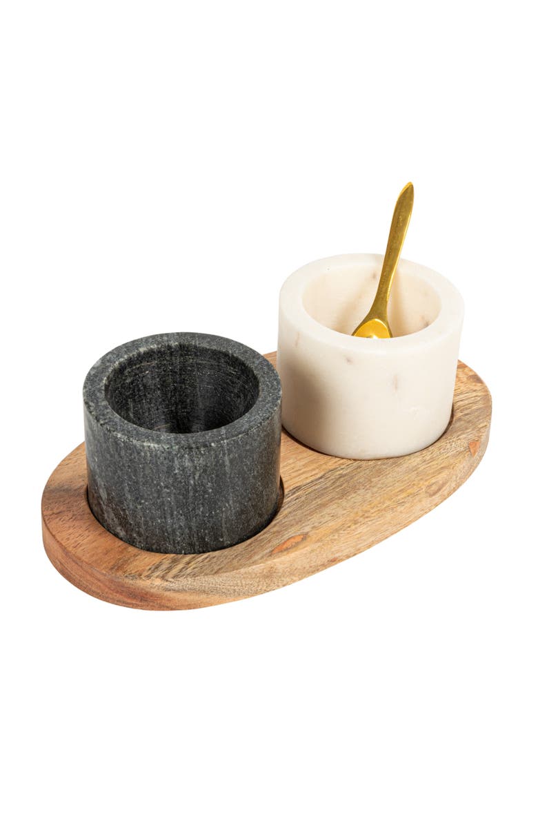 Storied Home Round Marble Bowls on Mango Wood Tray with Brass Salt Spoon, White and Black, Set of 2, Main, color, 