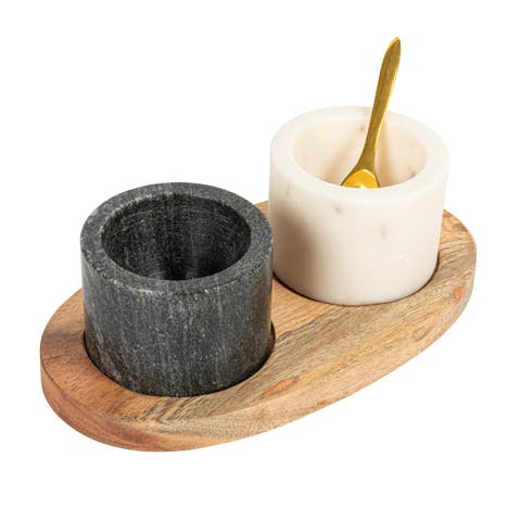 Round Marble Bowls on Mango Wood Tray with Brass Salt Spoon, White and Black, Set of 2