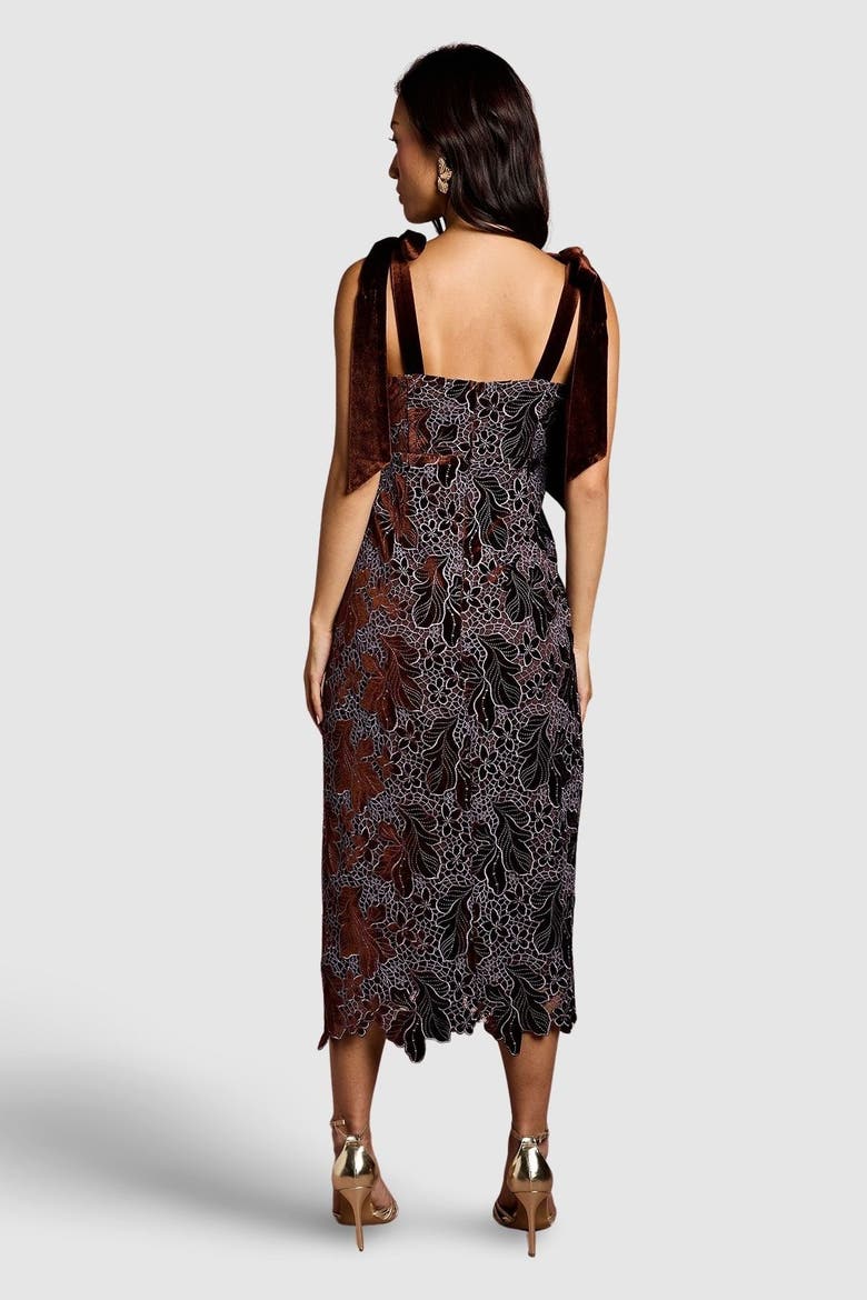 Velvet Lace Tie Shoulder Midi Dress, Alternate, color, Toffee