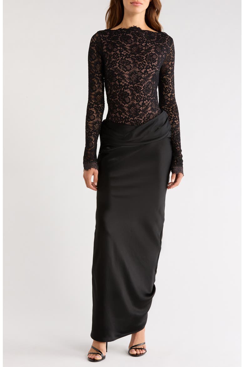 Yasmeen Long Sleeve Lace Bodysuit & Satin Skirt Set, Main, color, BLACK