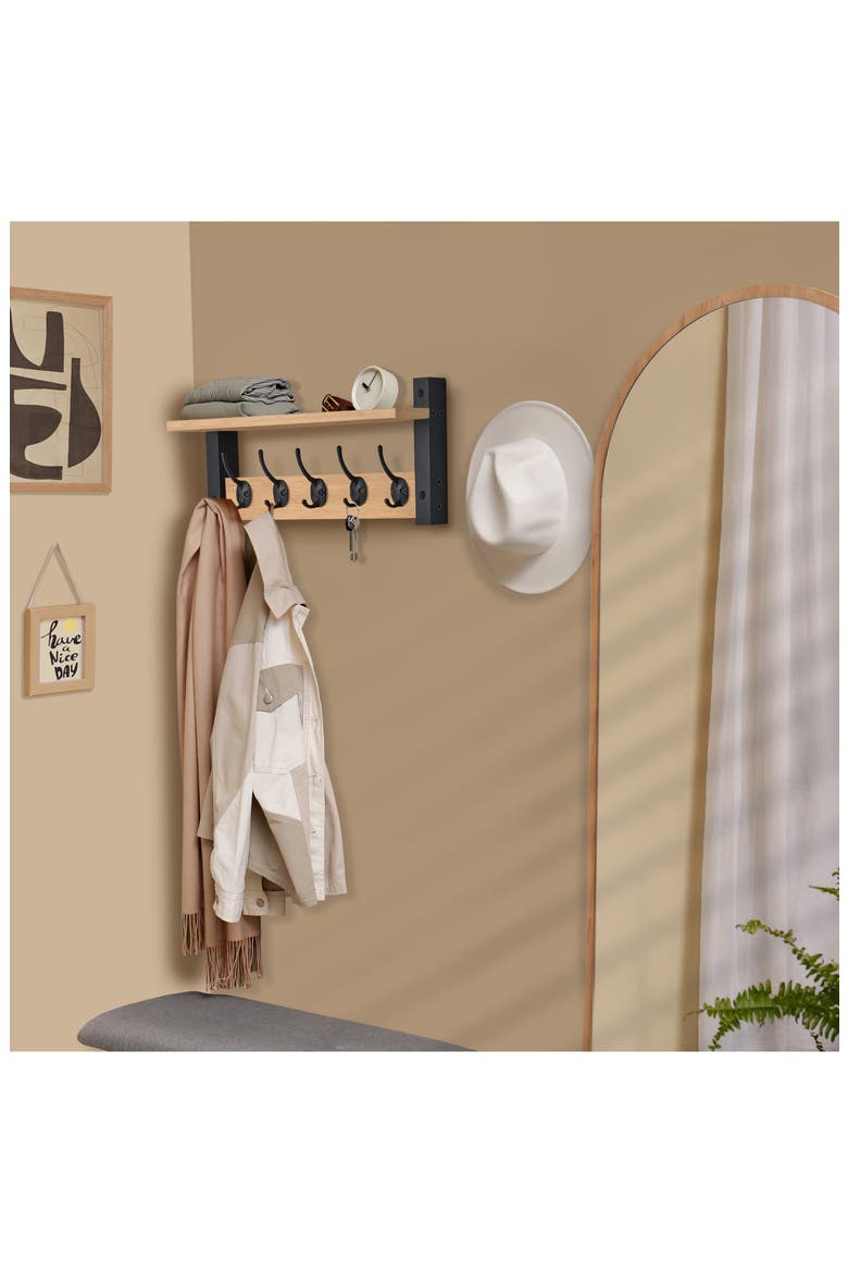16-Inch Floating Wall Shelf with Hooks, Alternate, color, MAPLE