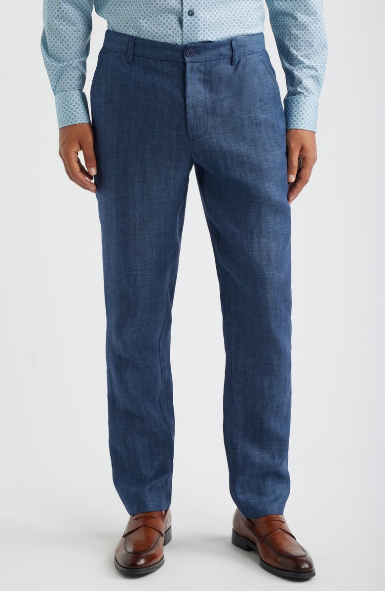 Bugatchi Linen Herringbone Chinos, Main, color, Navy