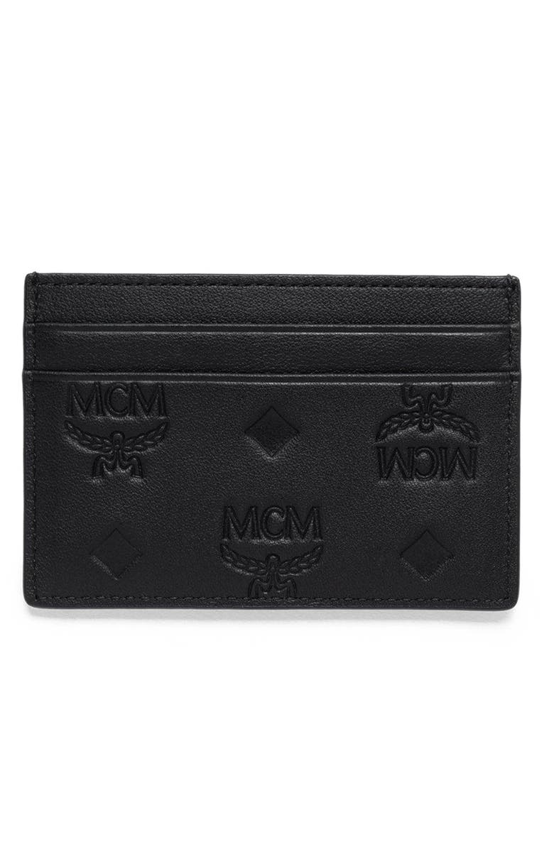 MCM Aren Card Case in Embossed Monogram Leather, Alternate, color, Black