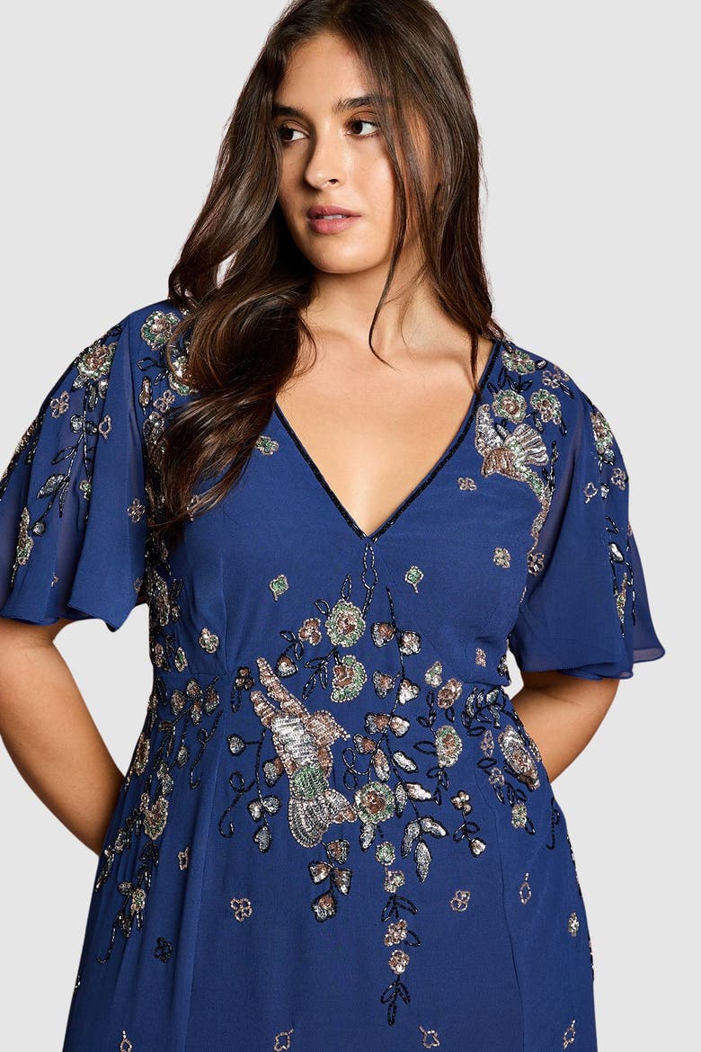 Plus Floral Embellished Midi Dress, Alternate, color, Navy