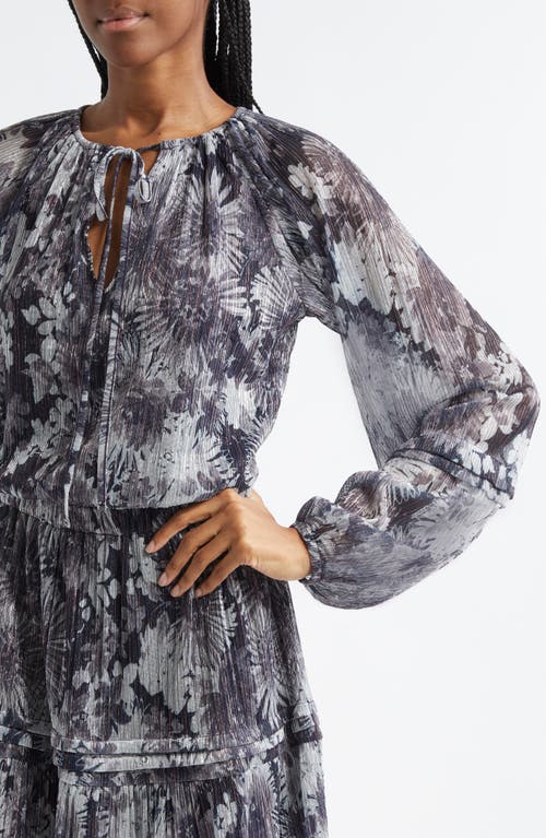 Ramy Brook Twilight Aaliyah Metallic Long Sleeve Chiffon Minidress In Dove Grey Floral