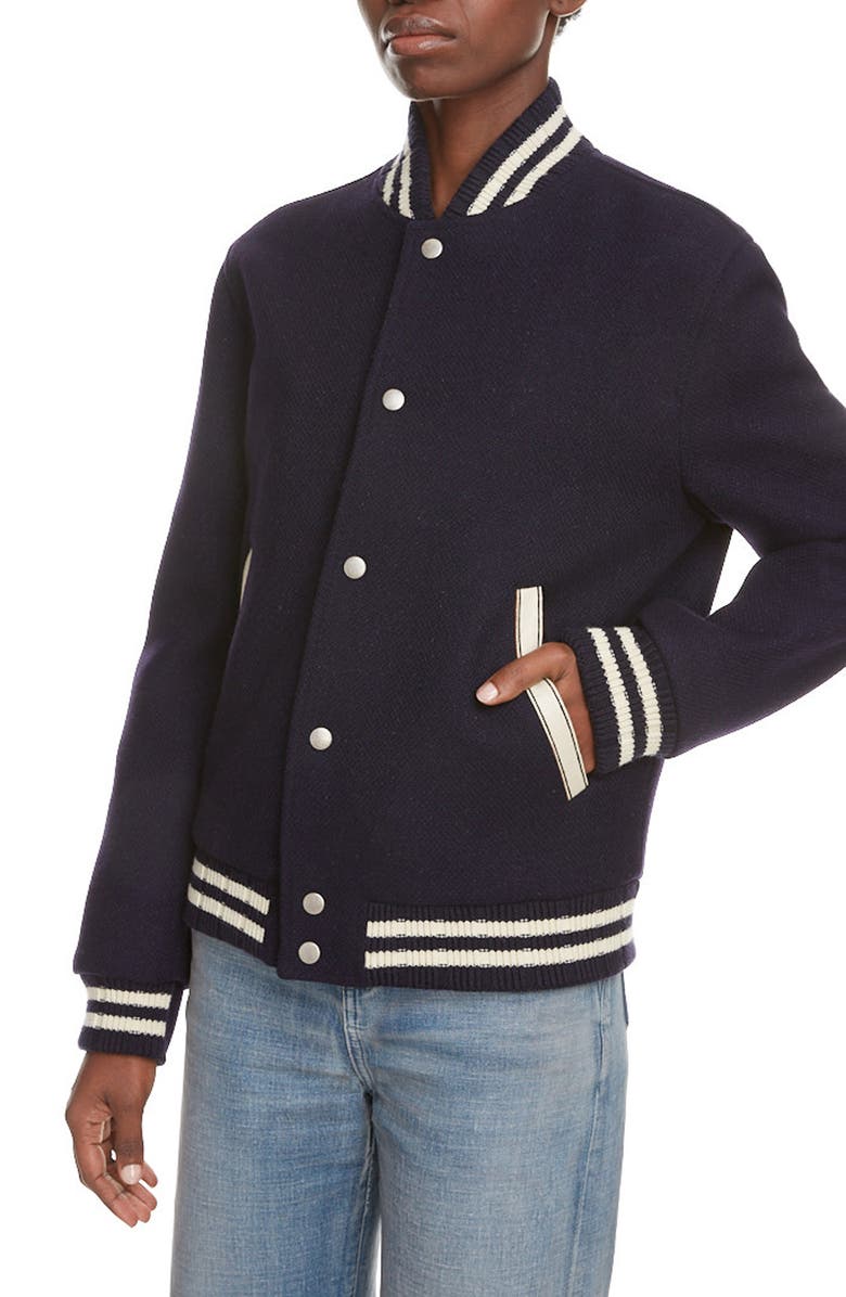 Saint Laurent Teddy Logo Patch Wool Blend Bomber Jacket, Alternate, color, 