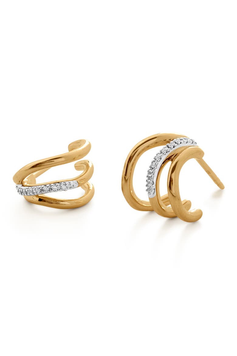 Riva Pavé Diamond Triple Wave Huggie Hoop Earrings, Main, color, 18CT GOLD VERMEIL ON STERLING