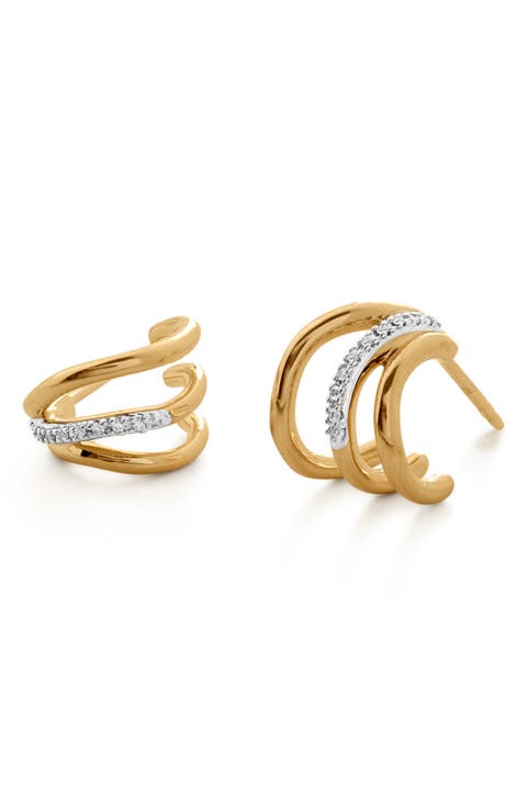 Riva Pavé Diamond Triple Wave Huggie Hoop Earrings