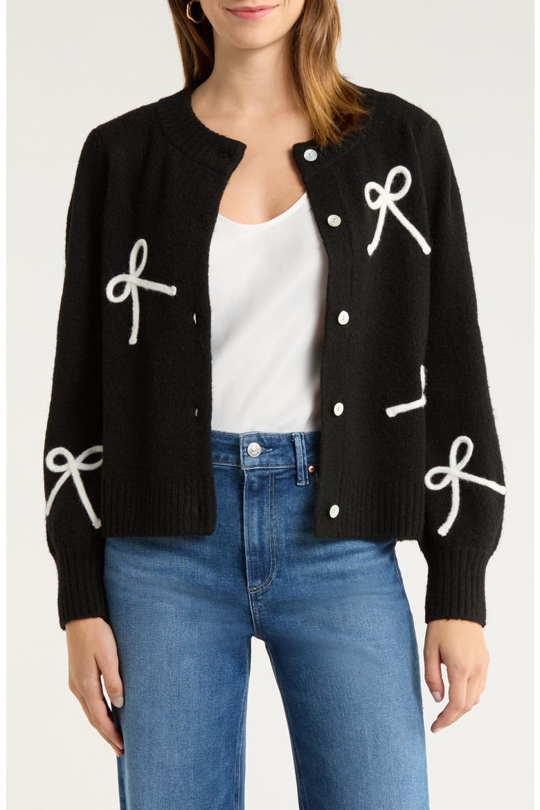 Francesca Intarsia Bow Cardigan, Main, color, BLACK IVORY