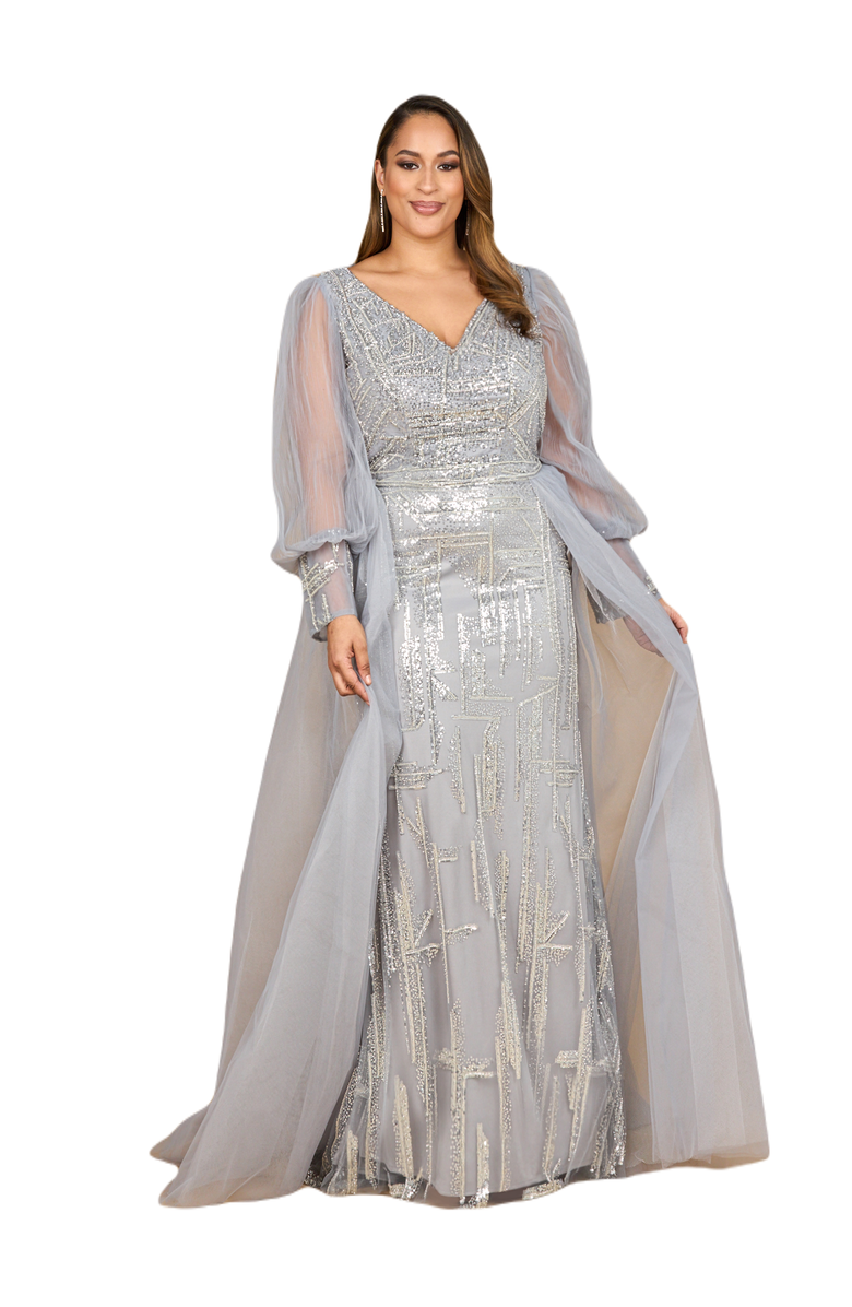 LARA New York Long Sleeve Lace Gown with Removable Over Skirt, Alternate, color, Silver