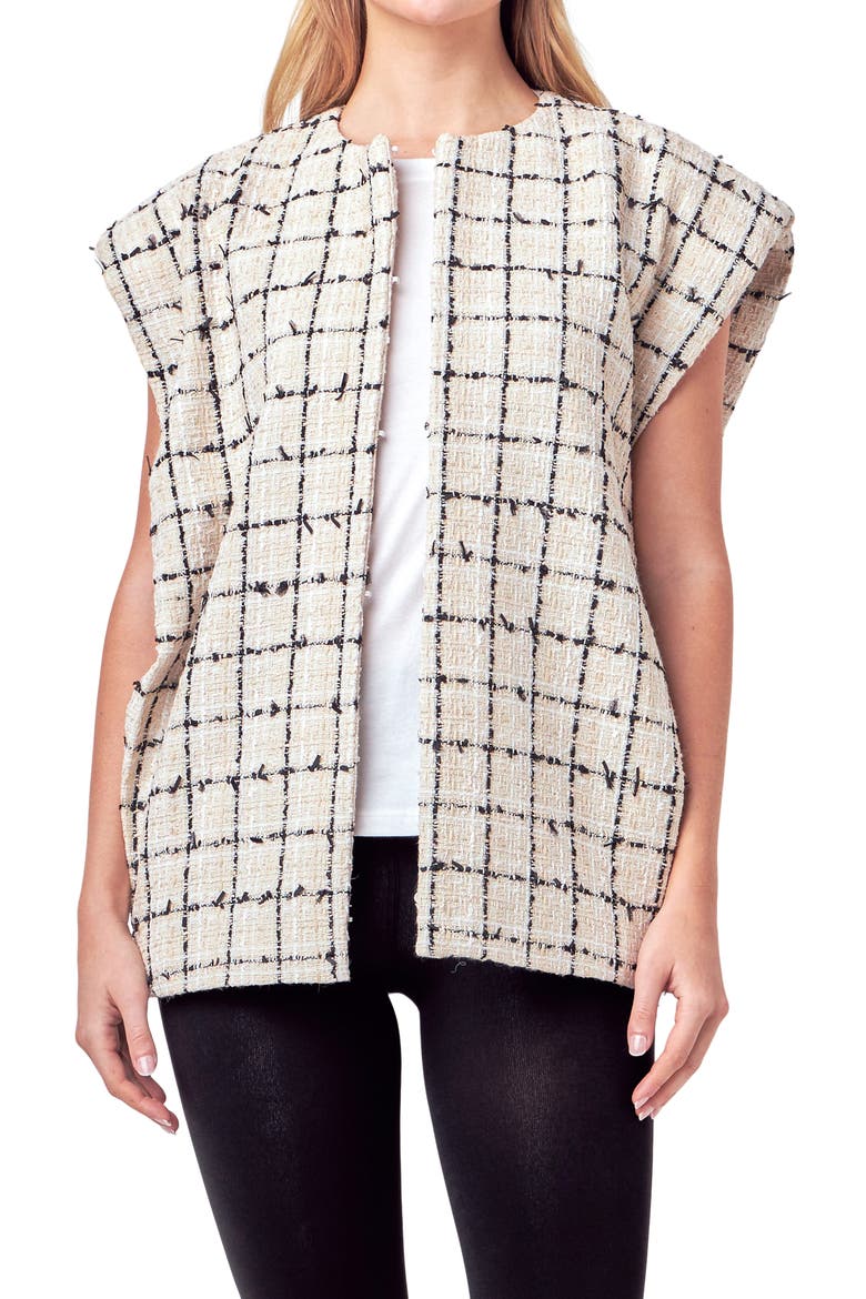 Check Cap Sleeve Tweed Jacket, Alternate, color, CREAM/BLACK