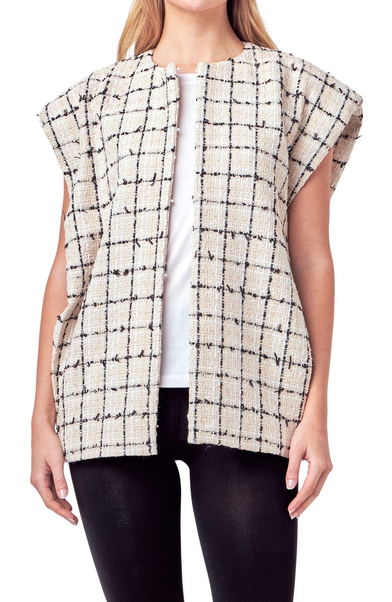 English Factory Check Cap Sleeve Tweed Jacket, Alternate, color, Cream/ Black