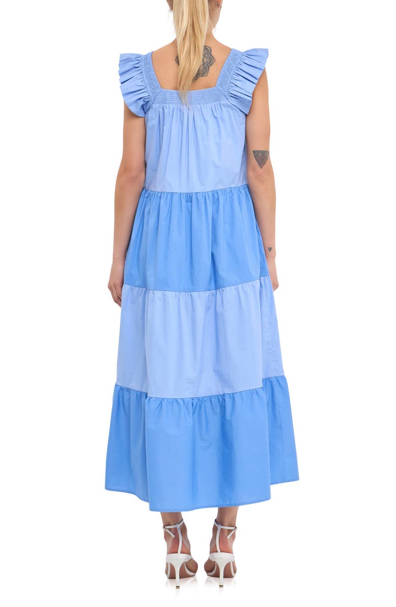 English Factory Flutter Sleeve Colorblock Cotton Midi Dress, Alternate, color, Blue Multi