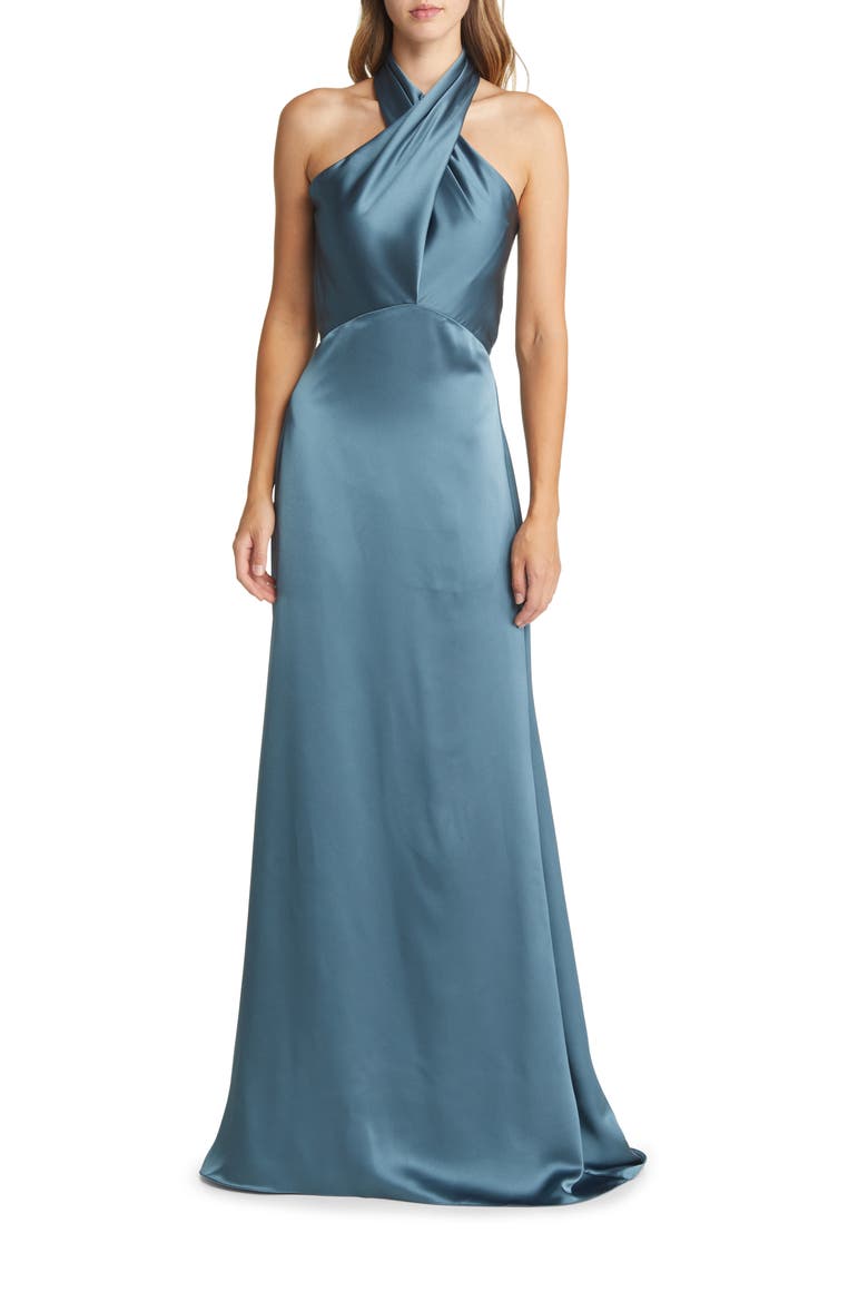 Halter Neck Satin Gown, Main, color, PETROL