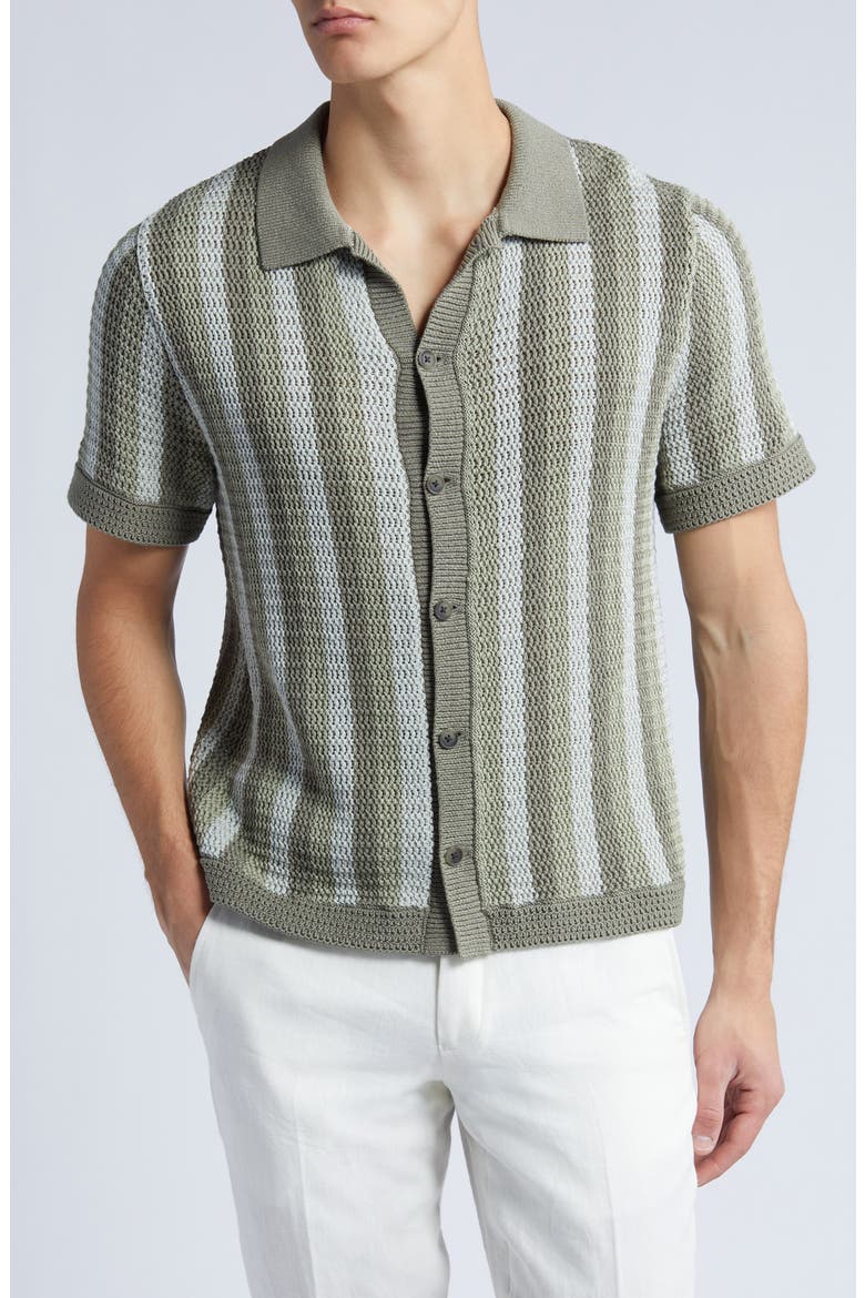 Crochet Stripe Short Sleeve Button-Up Cotton Sweater, Main, color, DRIED CACTUS COMBO