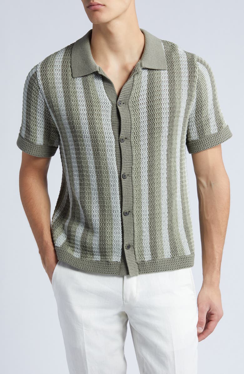 Vince Crochet Stripe Short Sleeve Button-Up Cotton Sweater, Main, color, 