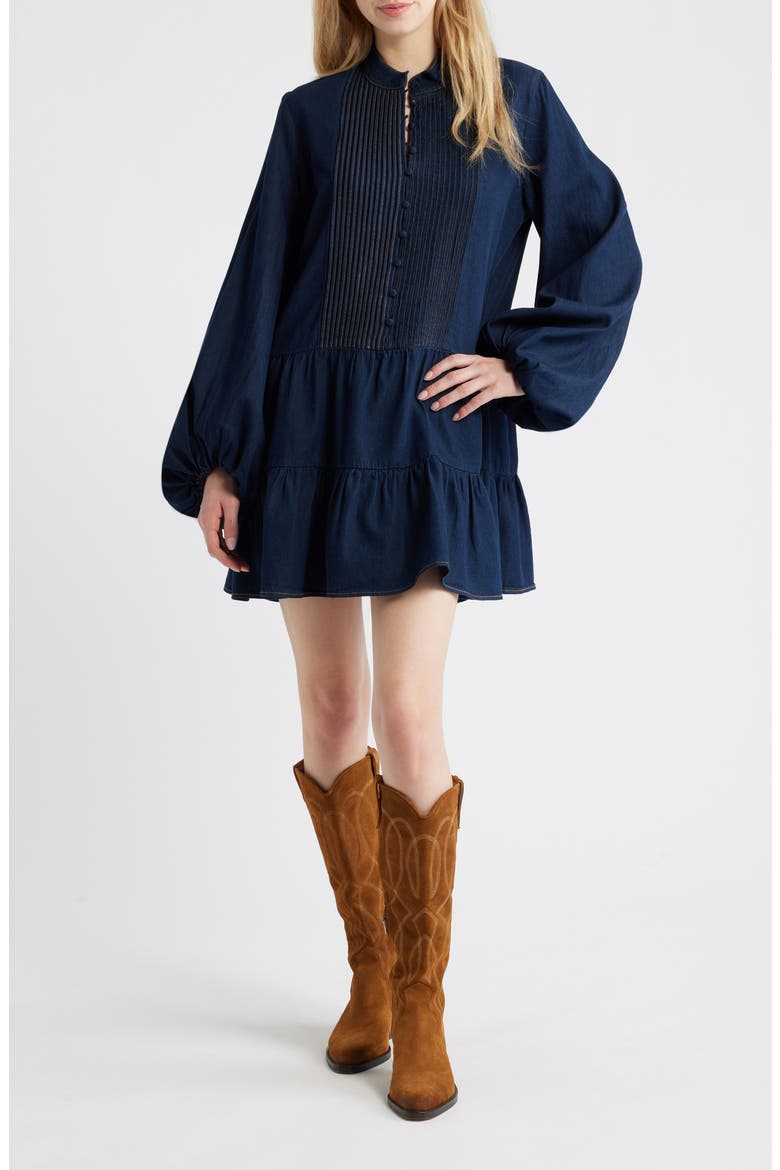 Antonia Long Sleeve Chambray Minidress, Main, color, DARK BLUE