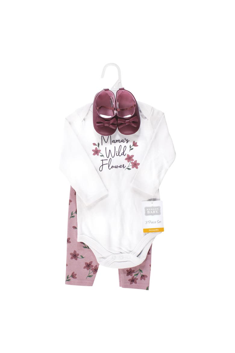 Girl's Long-Sleeve Bodysuit, Pants, and Footwear Outfit, Alternate, color, Plum Wildflower