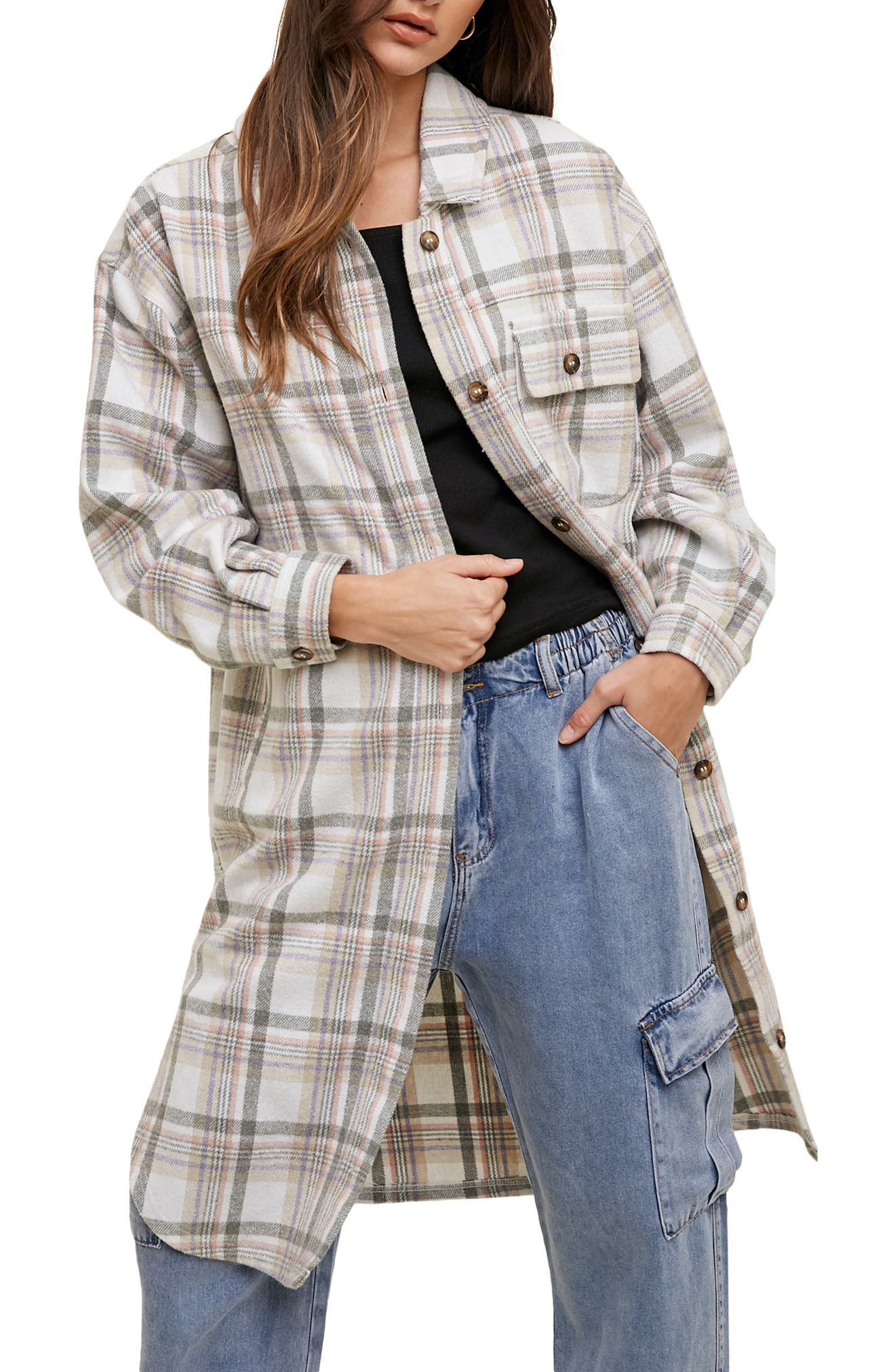 WISHLIST Plaid Brushed Long Shacket