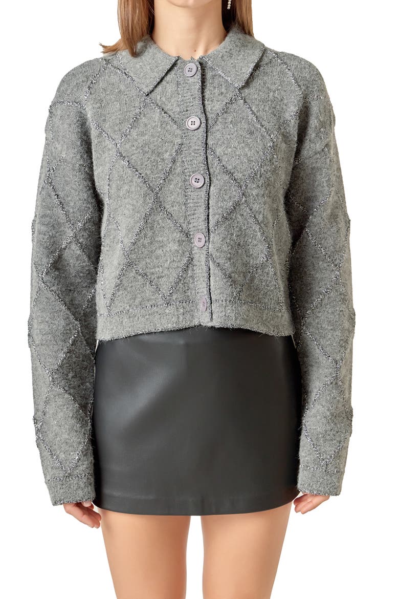 Argyle Metallic Collared Cardigan, Main, color, CHARCOAL