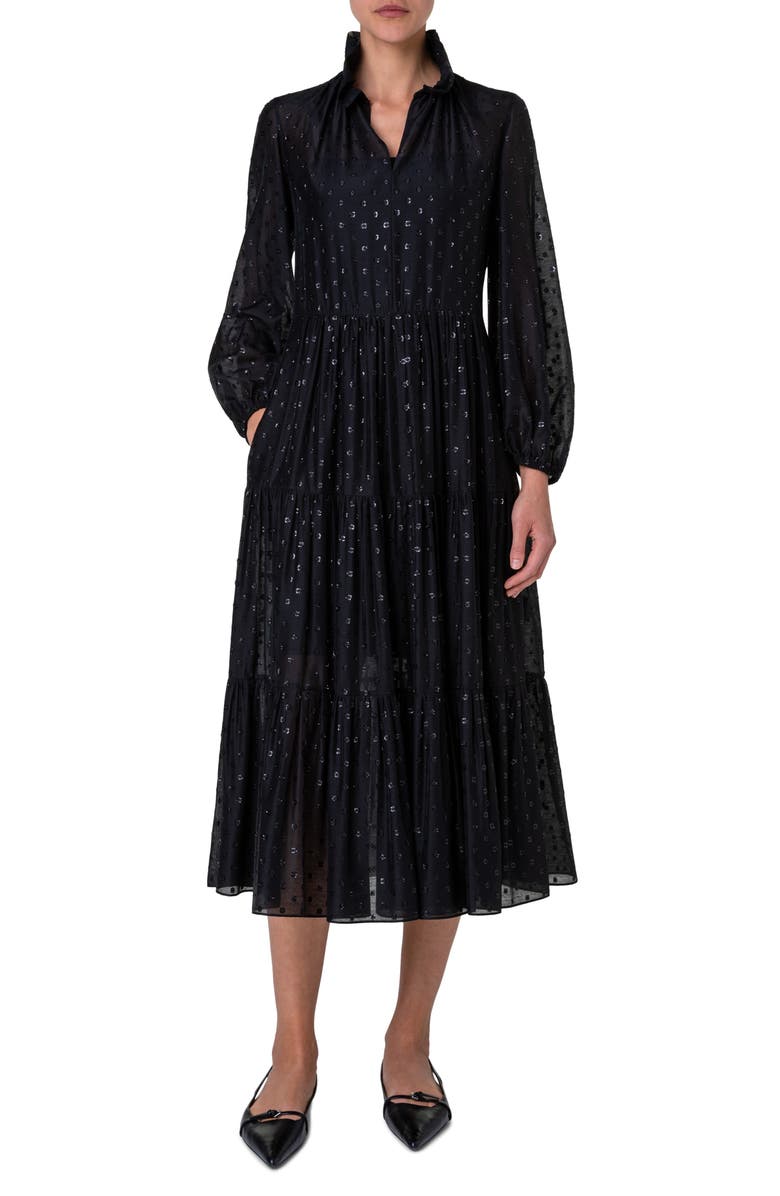 Akris punto Metallic Dot Long Sleeve Organza Midi Dress, Main, color, 