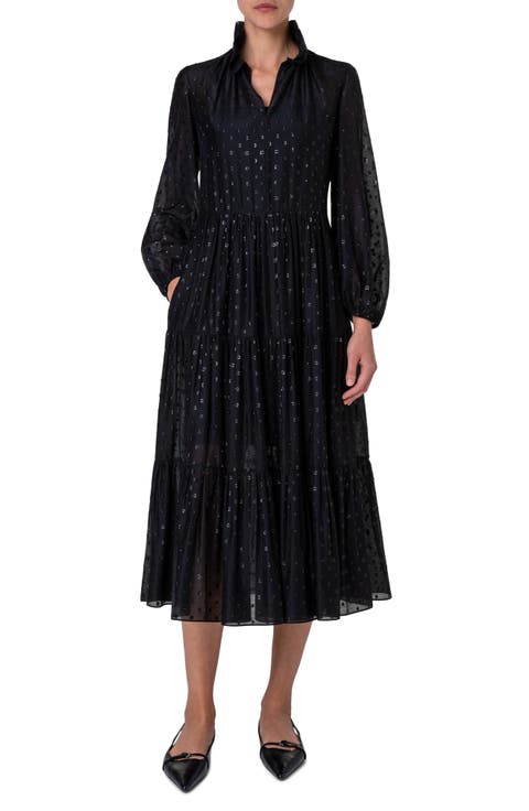 Metallic Dot Long Sleeve Organza Midi Dress