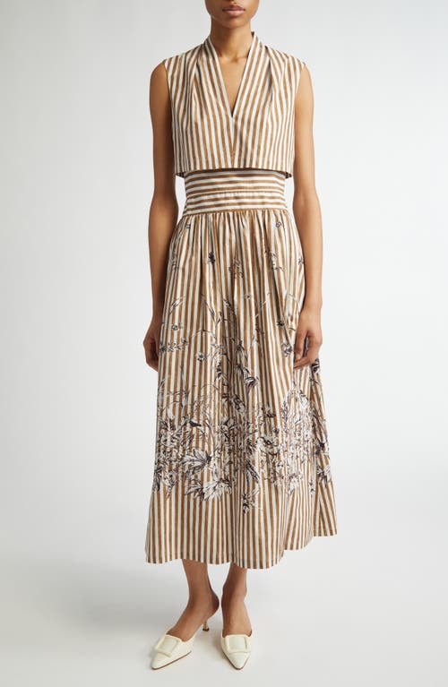 Lela Rose Floral Stripe V-neck Cotton Dress In Walnut