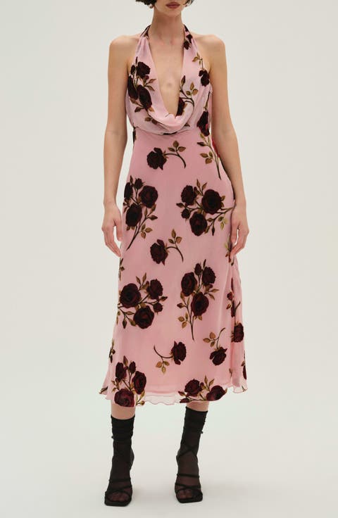 Rose Cowl Halter Dress