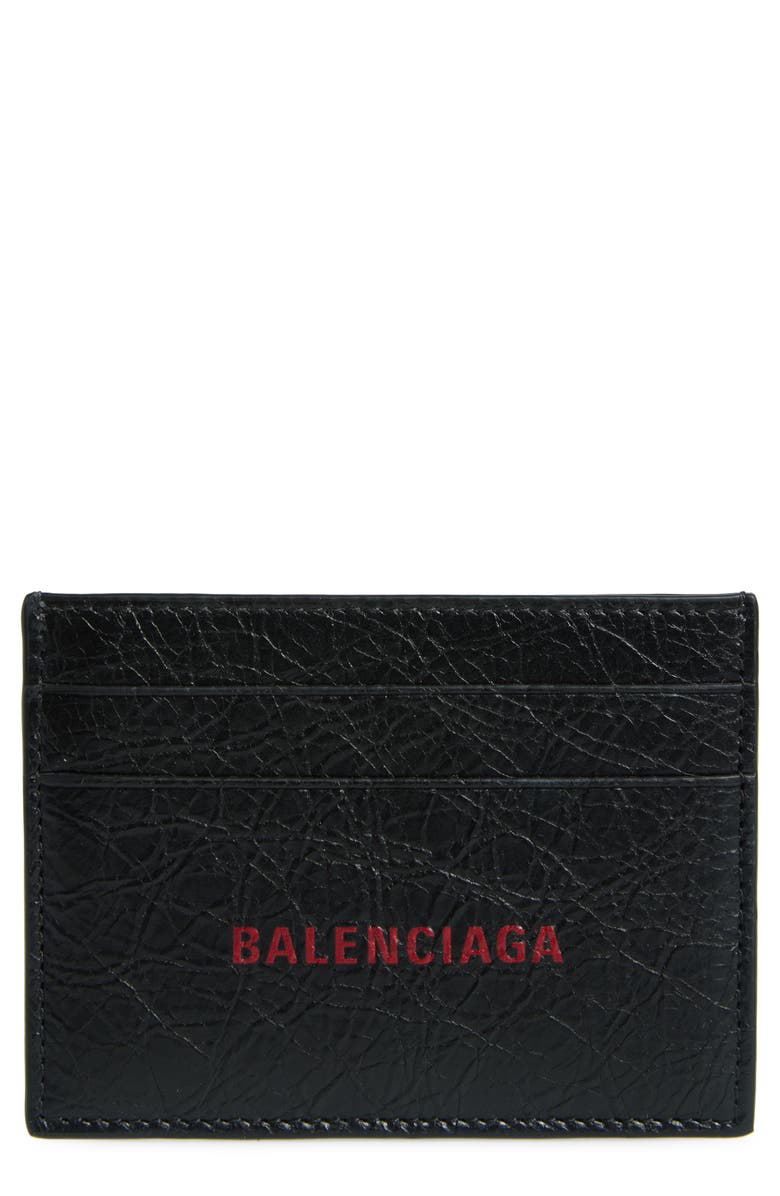 Balenciaga Cash Logo Leather Card Case, Main, color, Black/ L Cherry Red