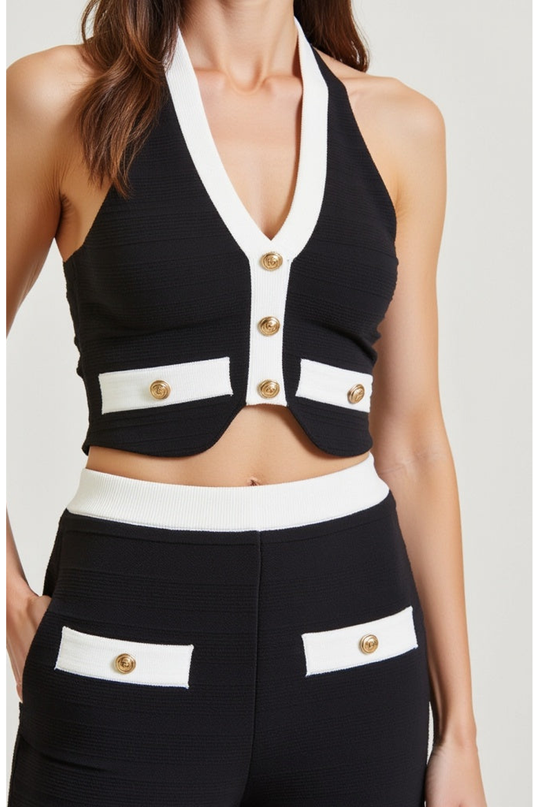 Two-Piece Halter Crop Top and Wide-Leg Pant Set, Alternate, color, Black / White Trim