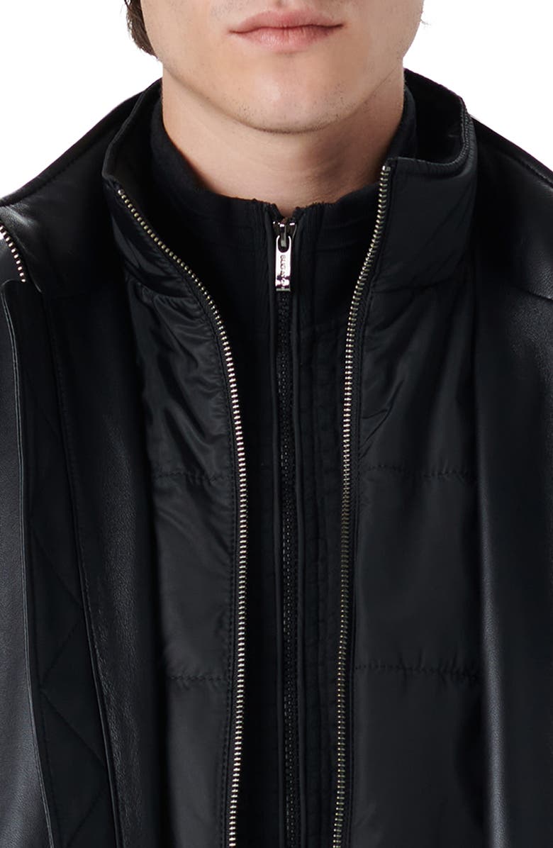 Bugatchi Full Zip Leather Bomber Jacket with Removable Bib, Alternate, color, Caviar
