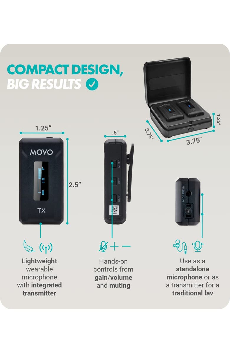 MOVO WMX-2 Wireless Lavalier Microphone System with Charging Case for Cameras, Alternate, color, Black
