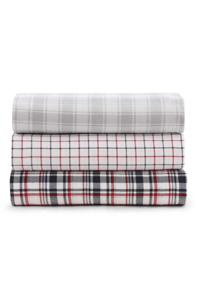 Tommy Hilfiger Tompkins Windowpane Cotton Flannel Sheet Set, Alternate, color, White/ Medium Red/ Navy Blue