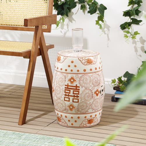 Jonathan Y Double Happiness 18" Chinoiserie Ceramic Drum Garden Stool In Orange/white