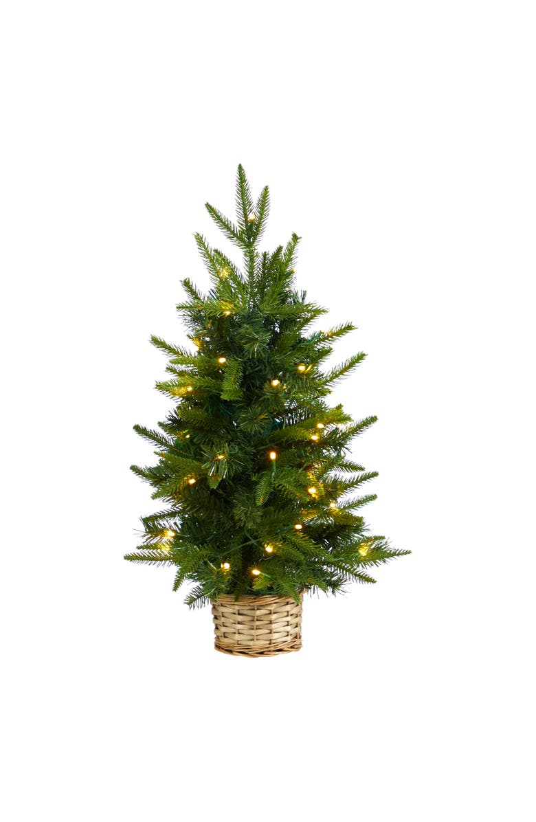 NEARLY NATURAL 2-ft Artificial Christmas Tree with 35 Clear LED Lights in Decorative Basket, Main, color, Green