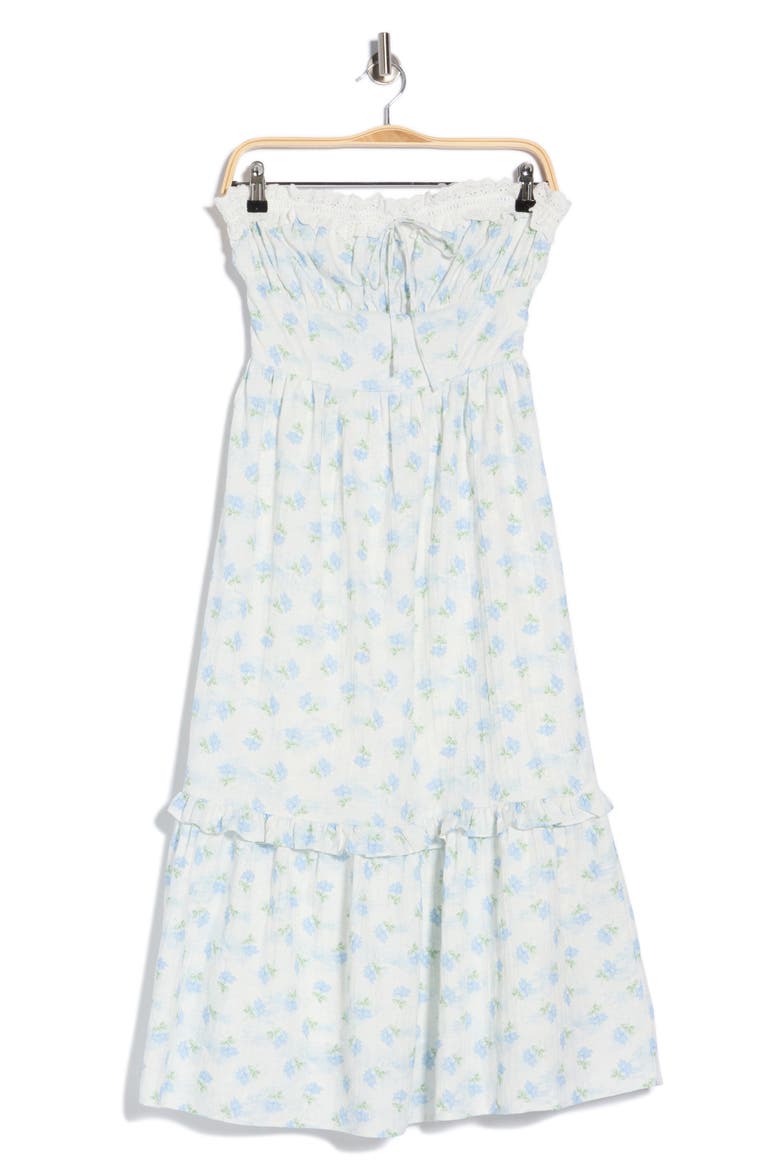 Floral Strapless Ruffle Hem Midi Dress, Alternate, color, LIGHT BLUE FLORAL